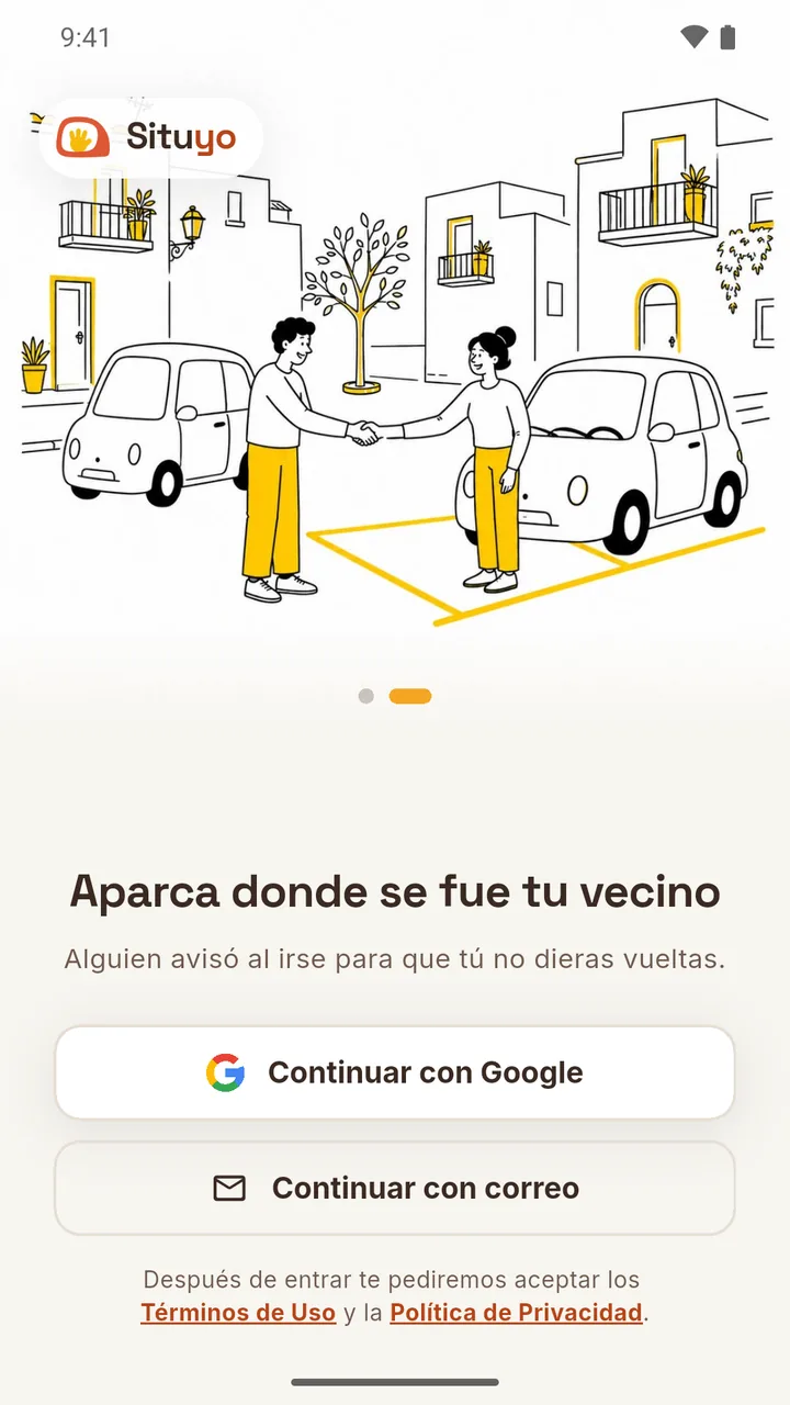 Pantalla de bienvenida de Situyo con los botones Continuar con Google y Continuar con correo