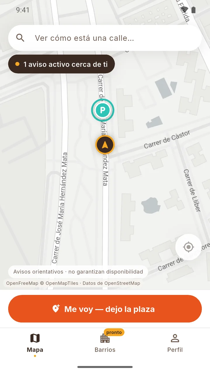 Mapa de Situyo con un aviso de plaza libre cerca y el botón Me voy, dejo la plaza